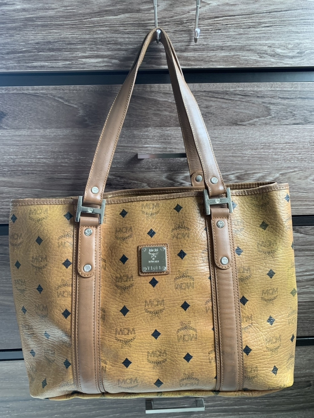 MCM Cognac Visetos Coated Canvas Leather Shopper Tote Bag
